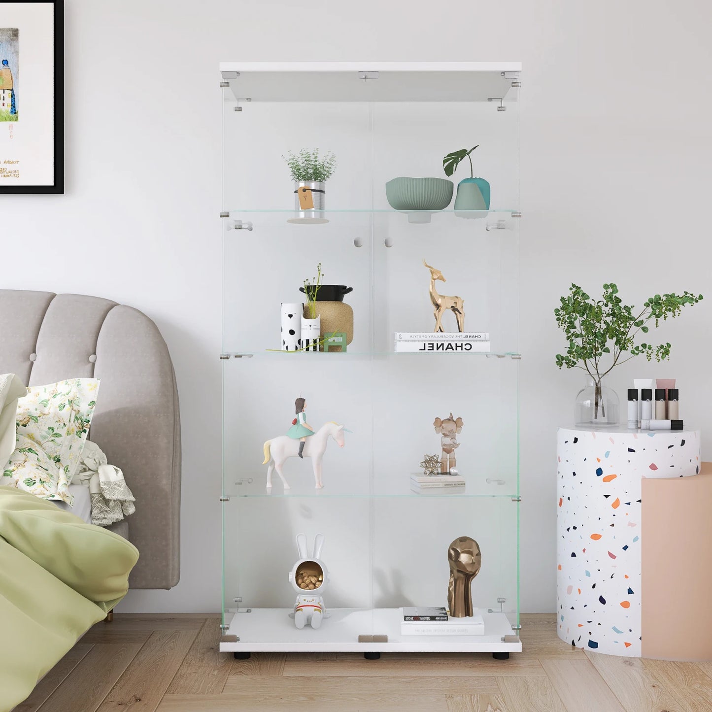 Comanlai Glass Display Cabinet with 4 Shelves, 2 Doors,with Lock,Collection Glass Display Case,for Living Room,White/Black