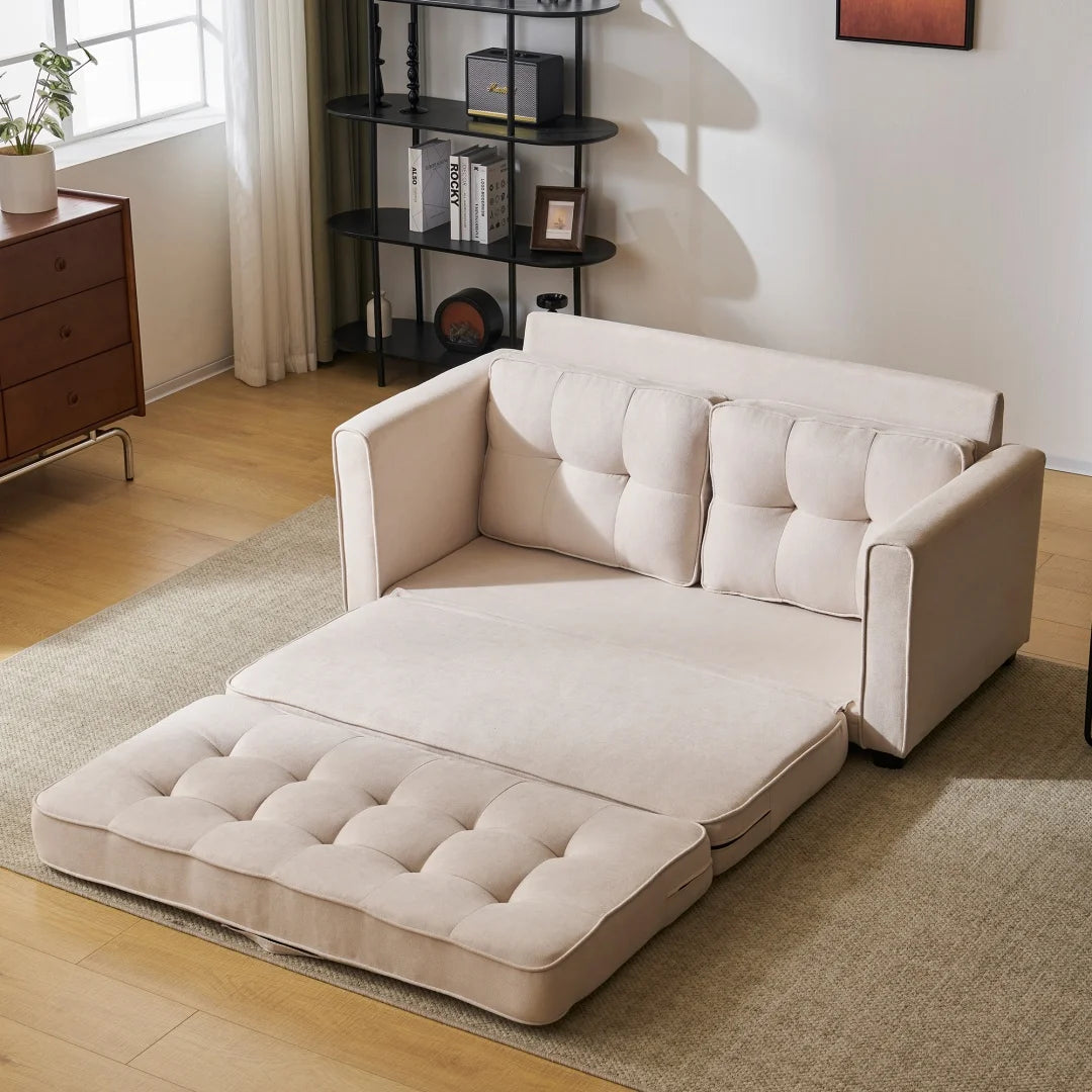 2-Persoons Slaapbank – Slaapbankbed – Bedbank – Loungebank – Compact Formaat – Inclusief Opbergvakken – Houten Frame - 151x75x86 cm - Beige