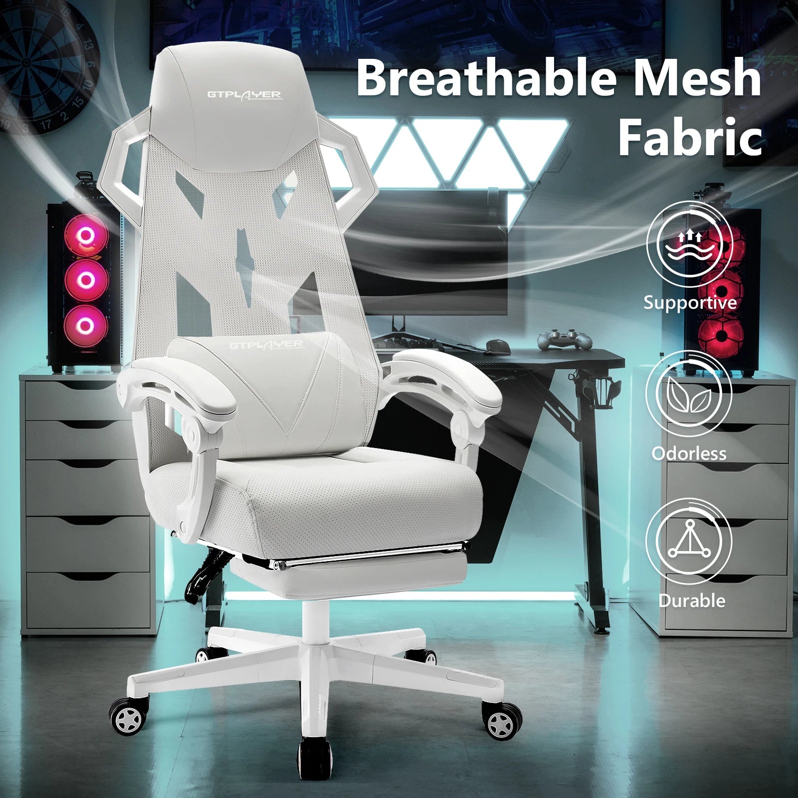 Gaming Stoel – Ergonomische Bureaustoel – Comfortabele Stoel – Mesh Rugleuning – Verstelbare Zithoogte – 150 Kg Belastbaar - 52 x 65 x 132 cm - Wit - QUORE