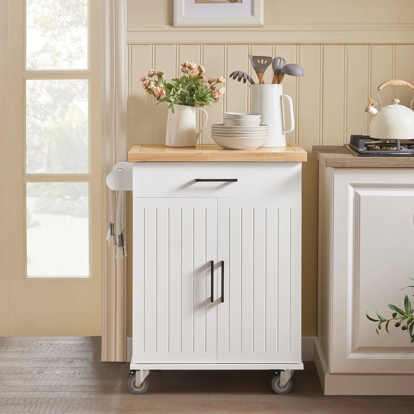Keukentrolley – Serveertrolley – Werktafel – Keukenwagen – Opbergtrolley – Wit-Naturel – Rubberen Houten Werkblad – Verstelbare Opslagruimte - QUORE