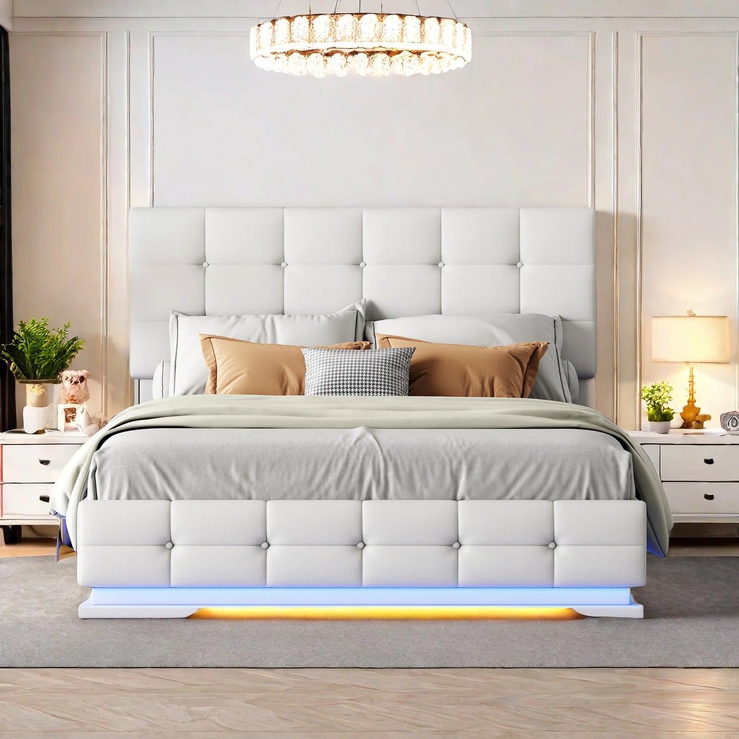 Gestoffeerd Ledikant – Kunstleren Bed – Opbergbed – Bed Met LED Verlichting – Bed Met USB Poorten – 140x200 cm – Hydraulische Opbergruimte – PU Leder Bekleding