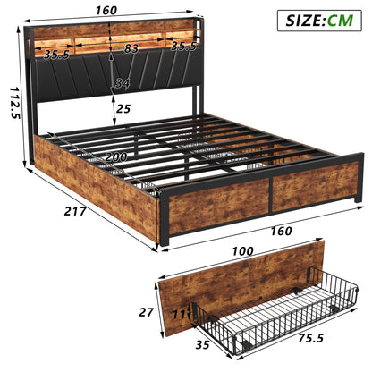 Tweepersoonsbed – Bed – Gestoffeerd Bed – Opbergbed – Bedframe – 160x200 cm – Staal en Hout – 4 Opberglades
