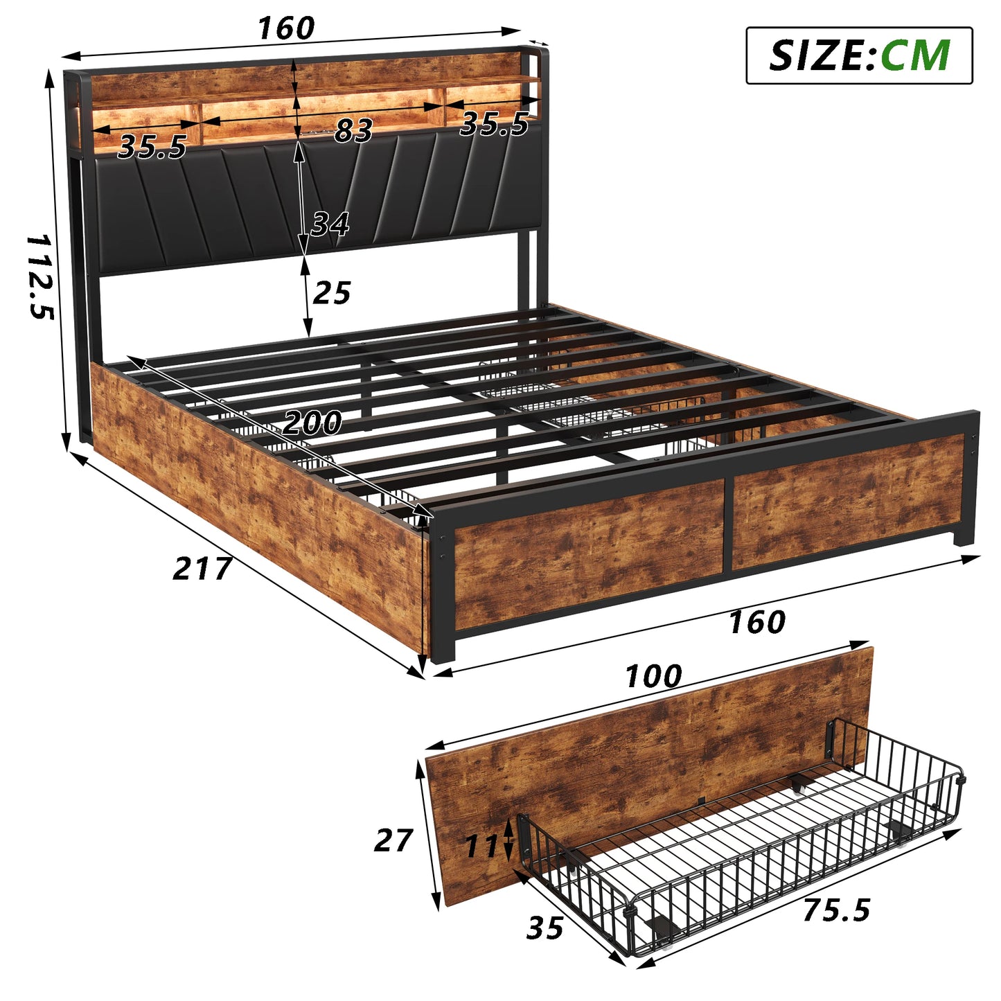 Tweepersoonsbed – 2-Persoonsbed – Bed Met Opberglades – Bedframe – Stalen Bed – 180x200 cm – 4 Opberglades Met Wieltjes – Stevig Staal En Hout Design