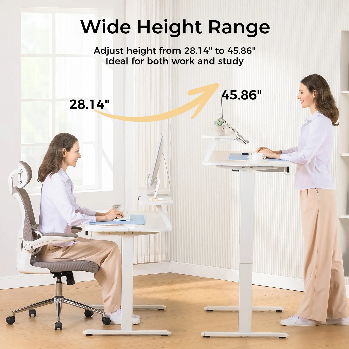Zit-Sta Bureau - Bureau - Computerbureau - Kantoor Tafel - Werktafel - Verstelbaar - Elektrisch - 120x60cm - Monitorstandaard - Geheugenfunctie - Lade en Tabletstandaard - Ergonomisch - Wit - QUORE