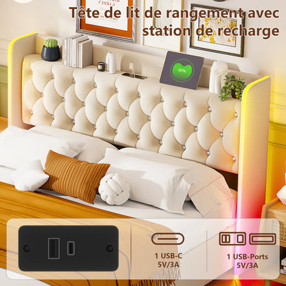 Bedkasten – Opbergbed – Tweepersoonsbed – Nachtkastje – Boxspring – 160x200 cm – Velvet Bekleding – Met LED Hoofdbord en USB Oplaadstation