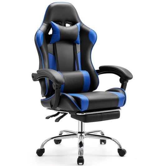 Gaming Stoel - Bureaustoel - Verstelbare Zithoogte - Comfortabel PU Leer - Met Hoofdsteun en Lendensteun - 360° Draaibare Wielen - Duurzaam Metalen Onderstel - Kantoor en Gaming - Blauw - QUORE