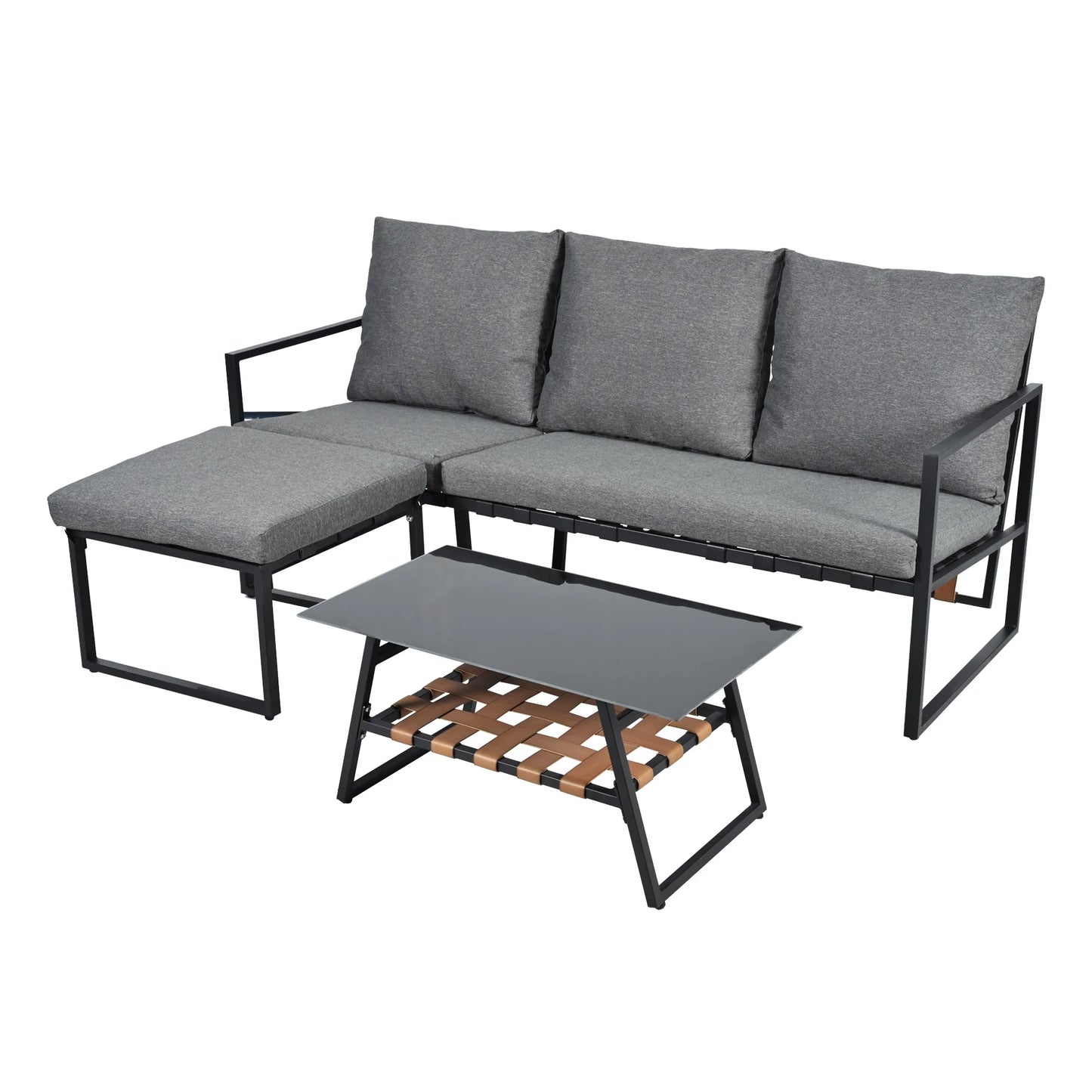 Tuinmeubelset – Hoekige Tuinmeubelset – Buitenmeubelen – Hoekbank – Tuinset – Balkonset – Gegalvaniseerd Stalen Frame – Glazen Tafelblad - Grijs