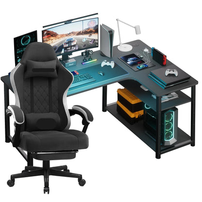 Gaming Bureau- en Stoelset – Gamemeubel – Werkplek Set – Thuiswerk Bureau – Comfortabele Bureaustoel – Verstelbare Zithoogte – Krasbestendig Metalen Frame