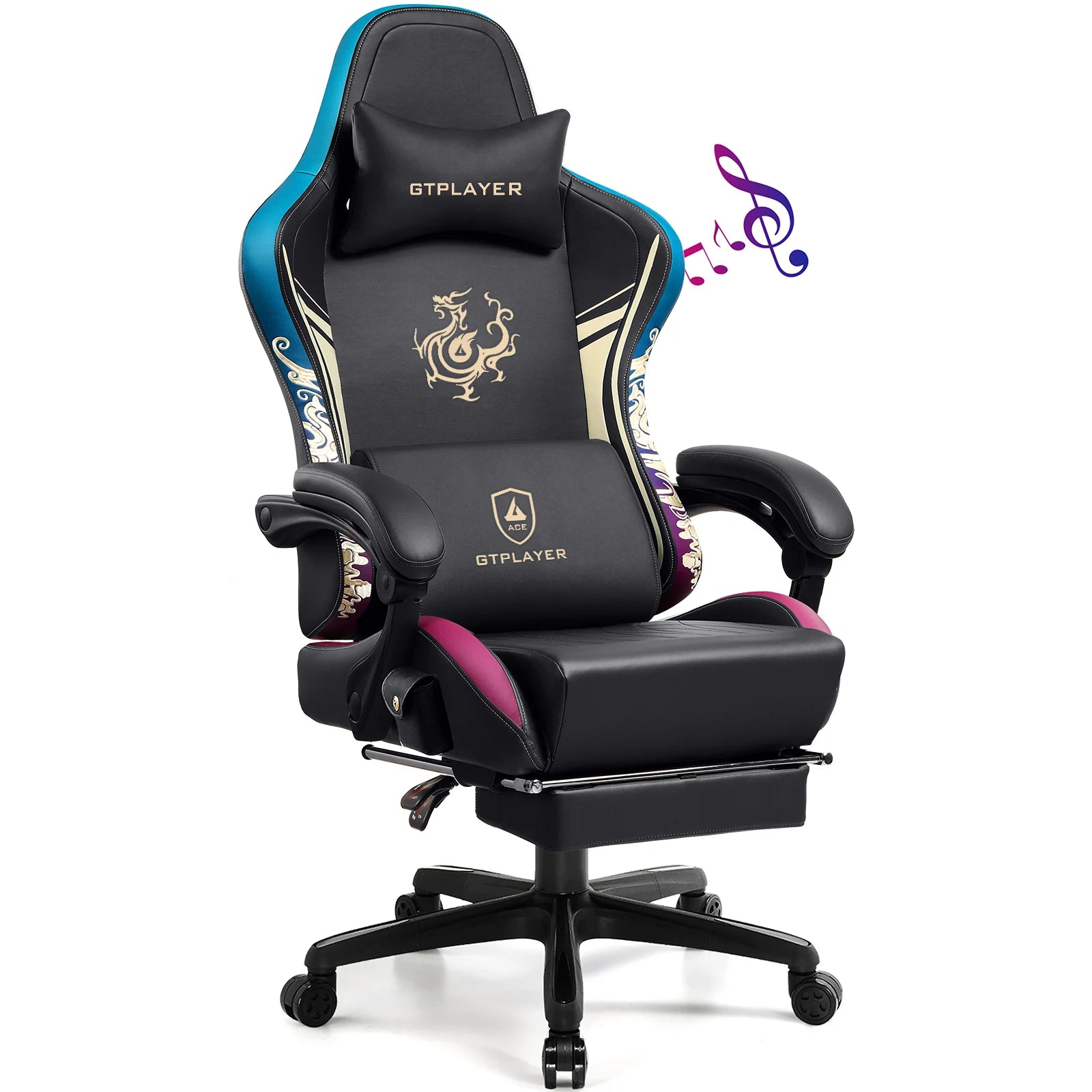 Bluetooth Gaming Stoel – Gamerstoel – Bureaustoel – PC Stoel – Game Fauteuil – Bluetooth 5.1 Speakers – Ergonomisch Met Voetsteun (Zwart) - QUORE