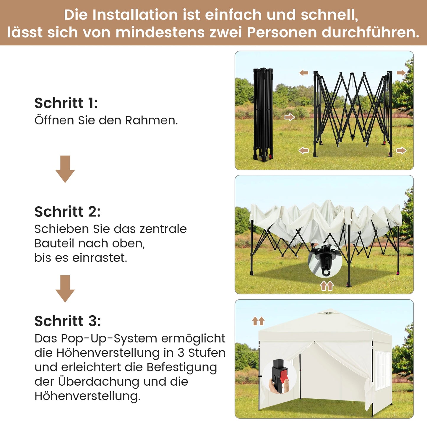 Paviljoen - Tuinpaviljoen - Partytent - Tuintent - Pop-up Kliksysteem - Stabiel - Vouwtent - Opvouwbaar - Waterdicht - Winterbestendig - 50+UV-Bescherming - voor Tuin - Buiten - Achtertuin - 210D Oxford - 3 x 3 m - Beige
