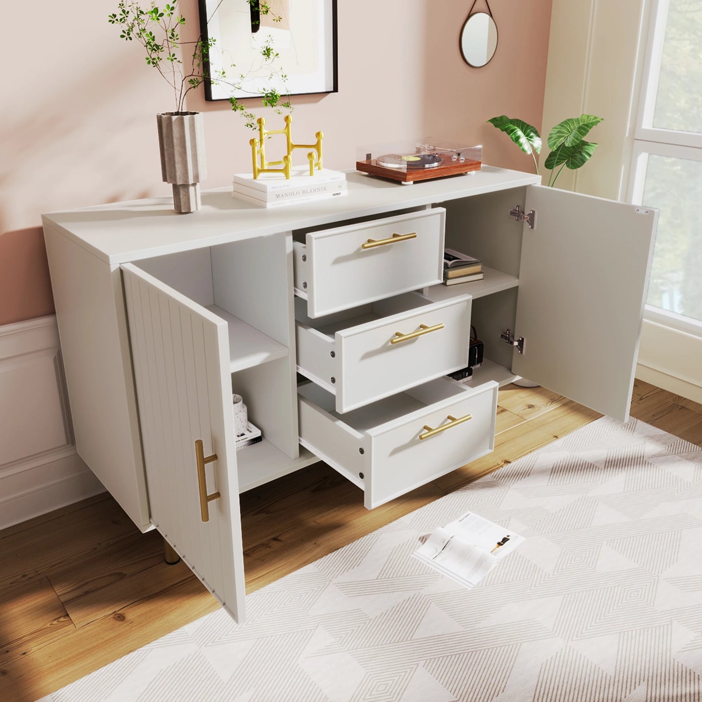 Opbergkast – Opbergmeubel – Dressoir – Kast – Drie Laden – Verstelbare Planken - 120x35.5x75cm - QUORE