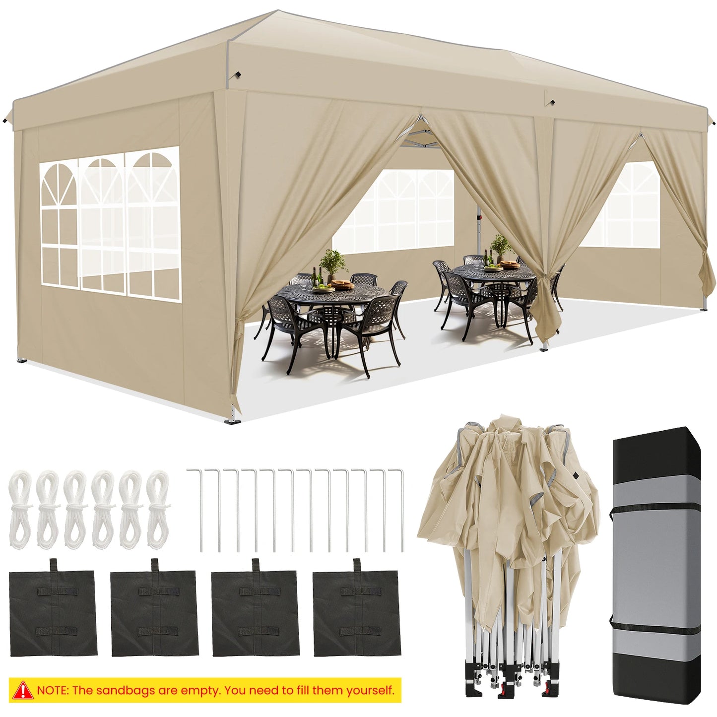 Pop-Up Partytent – Partytent – Evenemententent – Tuinentent – Markttent – Waterdicht Oxford Doek – Stevig Stalen Frame - Khaki - QUORE