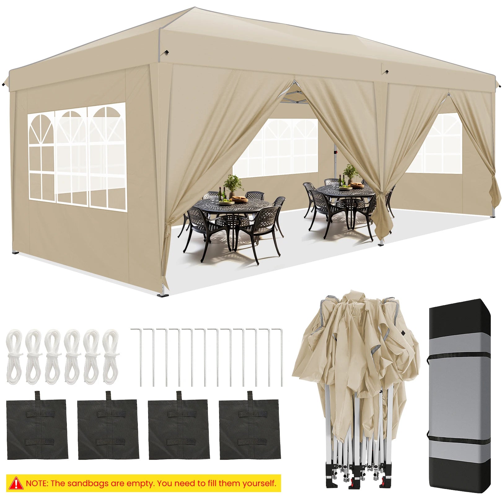 Pop-Up Partytent – Partytent – Evenemententent – Tuinentent – Markttent – Waterdicht Oxford Doek – Stevig Stalen Frame - Khaki - QUORE