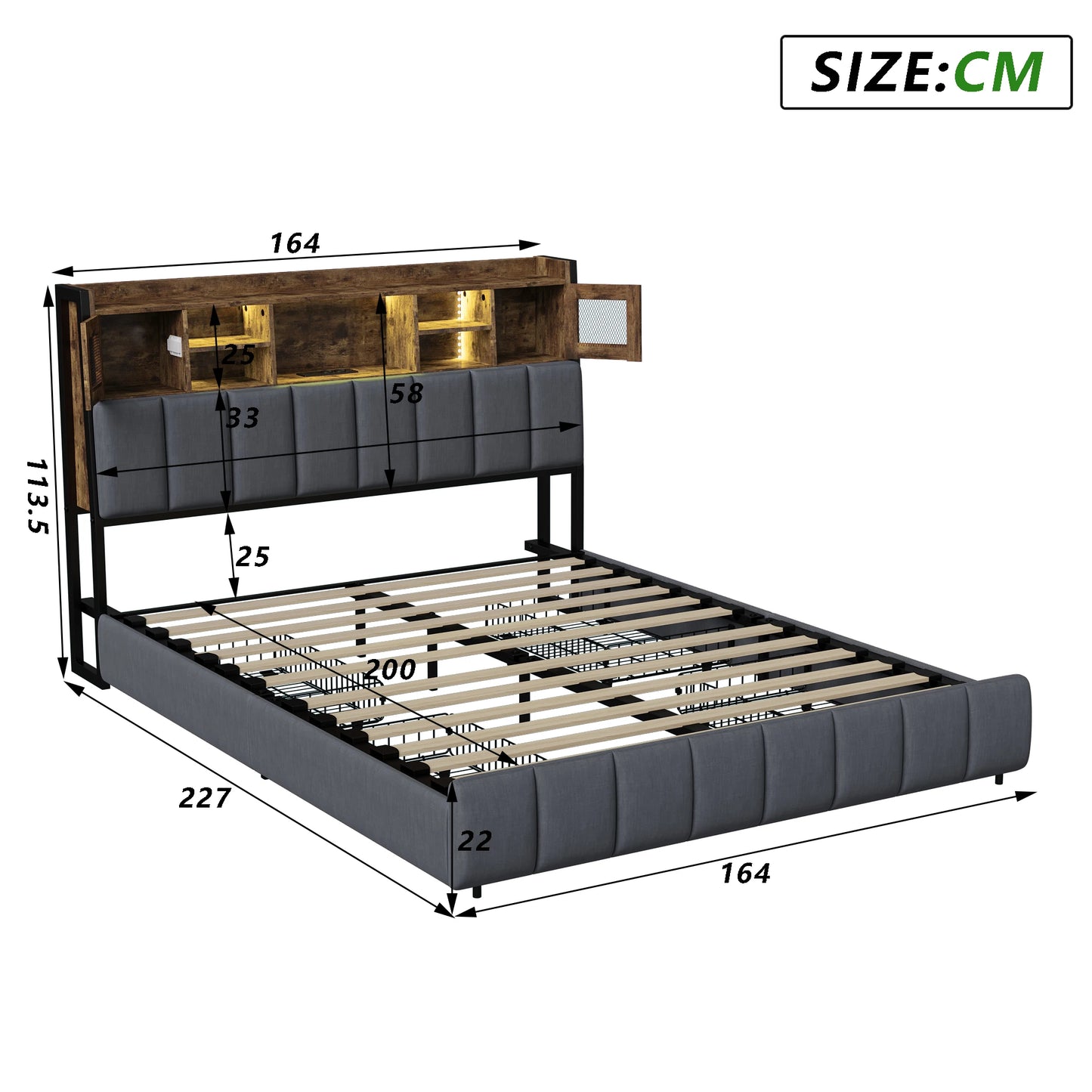 Gestoffeerd Bed – Tweepersoonsbed – Opbergladen Bed – Led Hoofdbord Bed – Slaapkamerbed – 160x200 cm – Ingebouwde USB-poorten – Verstelbare LED-verlichting