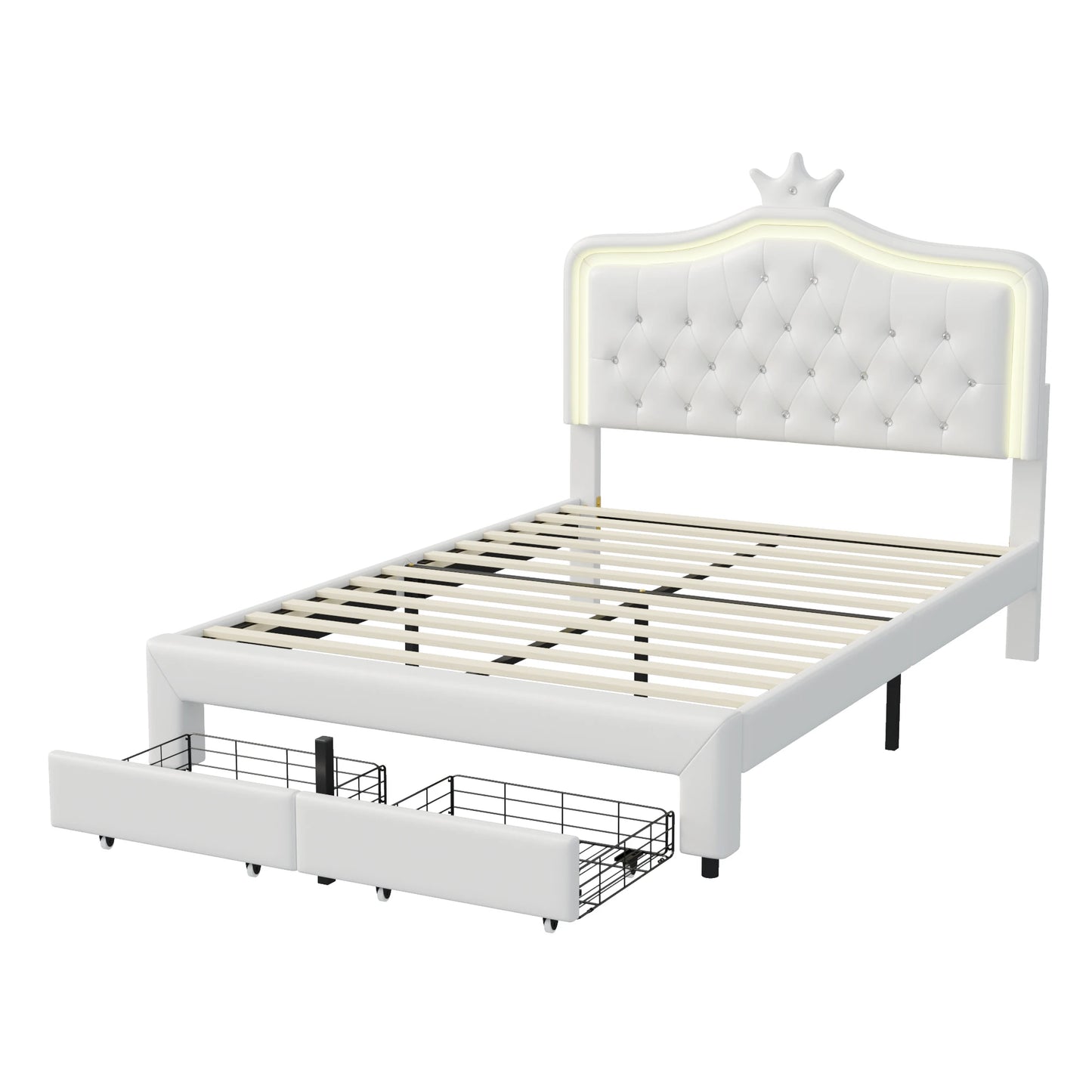 Bedframe – Bed – Kinderbed – Tienerbed – Eenpersoonsbed – 140x200 cm – LED-verlichting Hoofdbord – Opberglade Onderbed - QUORE