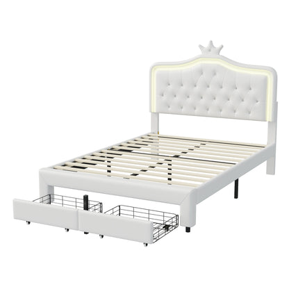 Bedframe – Bed – Kinderbed – Tienerbed – Eenpersoonsbed – 140x200 cm – LED-verlichting Hoofdbord – Opberglade Onderbed - QUORE