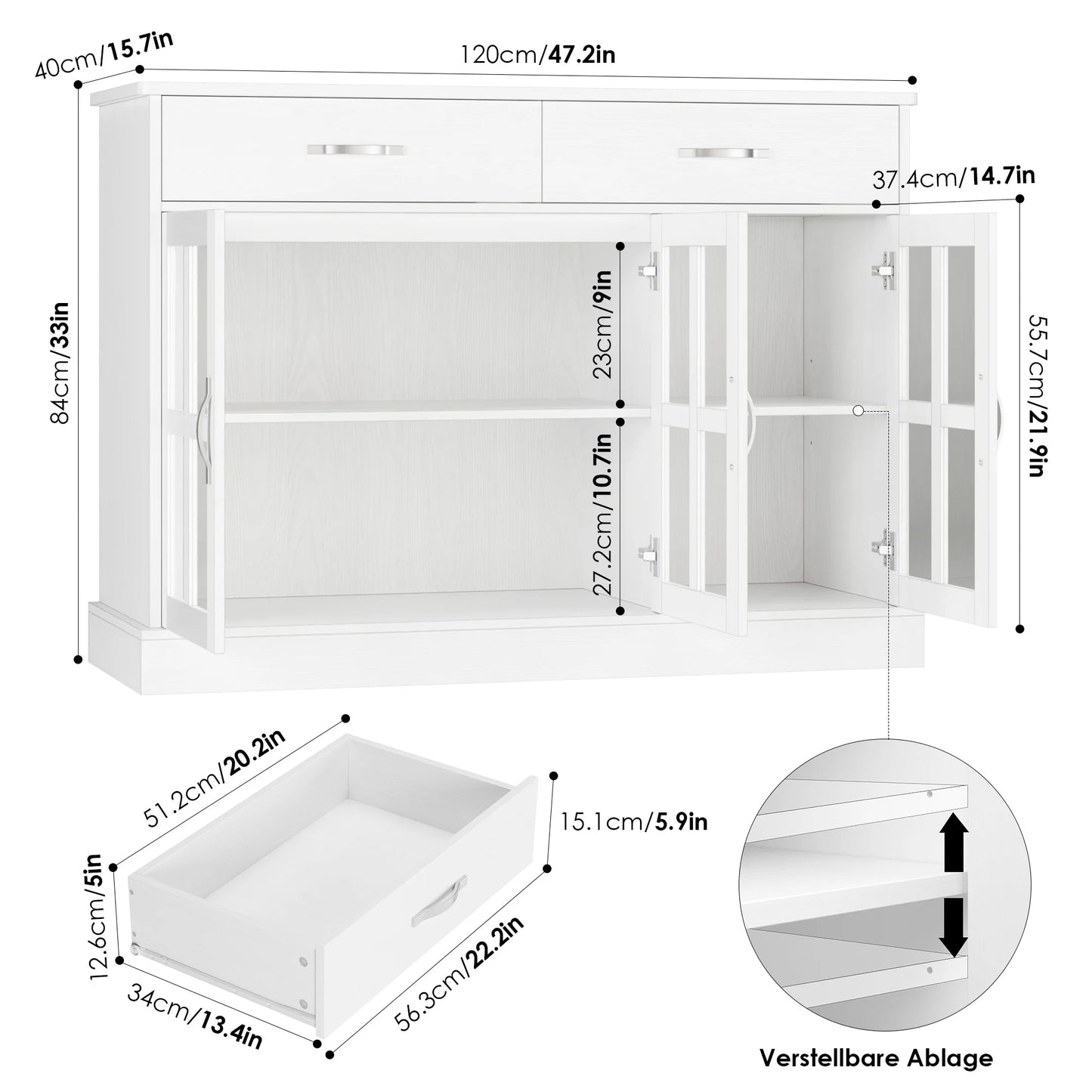 Witte Keukenkast – Buffetkast – Dressoir – Opbergkast – Kast Met Glazen Deuren – 108x38x98,5 cm – Houtpaneel En Gehard Glas
