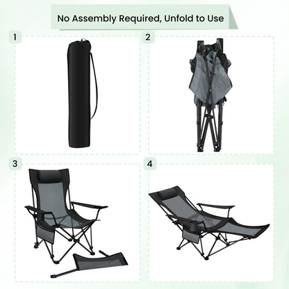 Opvouwbare Campingstoel - Kampeerstoel - Strandstoel - Verstelbare Rugleuning - Met Voetensteun - 4-in-1 Design - Lichtgewicht en Draagbaar - Voor Strand - Tuin en Outdoor - Zwart-grijs