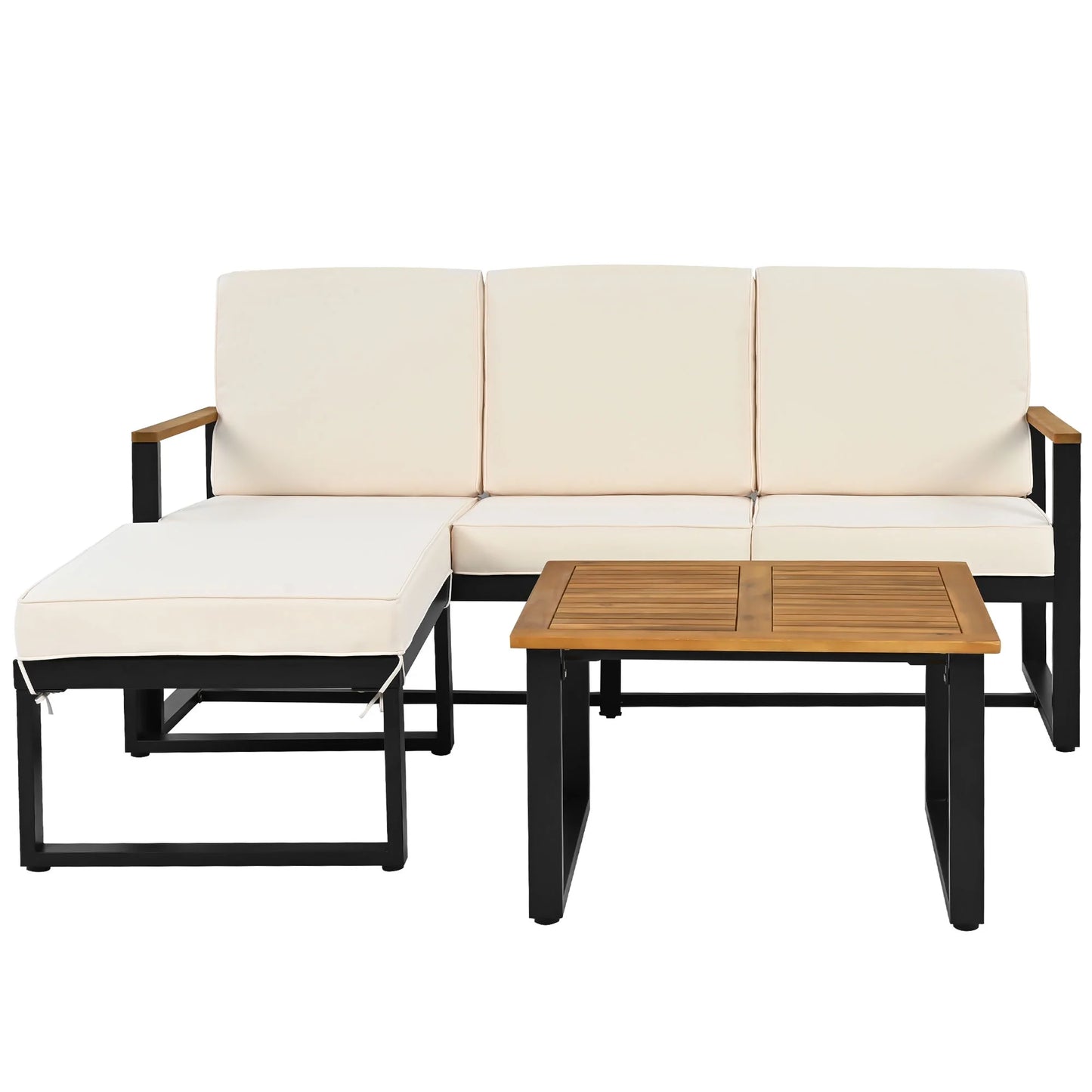 Tuinmeubelset – 3-Delige - Loungeset - Hoekbank – Voetenbank – Salontafel – Gegalvaniseerd Stalen Frame – Acaciahouten Tafelbladen - Wit
