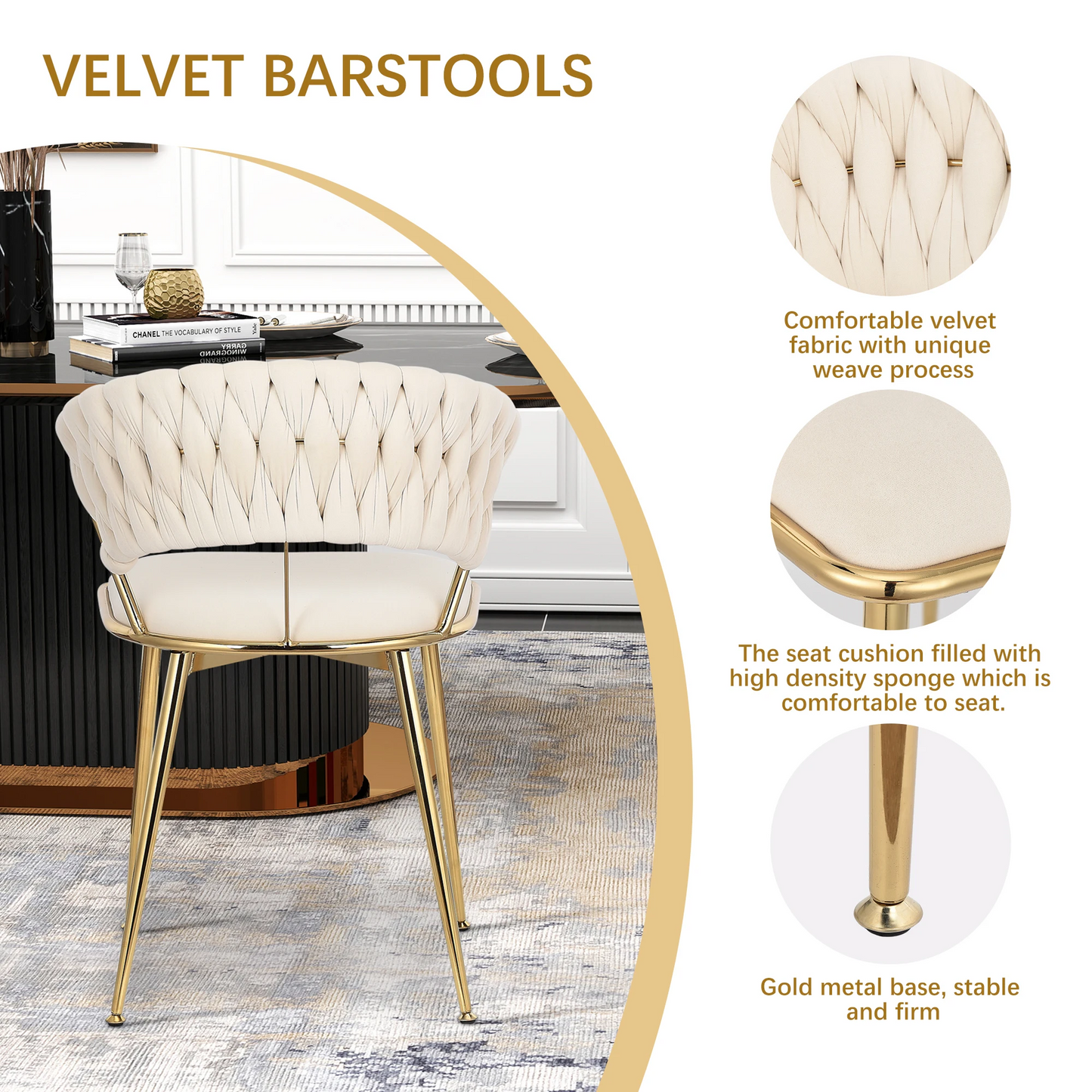 Eetkamerstoelen - Eetstoelen - Keukenstoelen - Set van 2 - Moderne Vergulde Technologie - Hoogwaardige Interieurdecoratie - met Metalen Poten - Fluwelen Zitje - Voor Woonkamers - Eetgedeelte - 52 x 43.5 x 75 cm - Beige