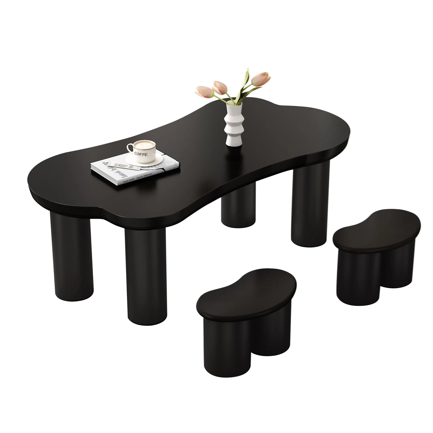 Salontafel – Botvormige Tafel – Woonkamertafel – Banken Set – MDF Tafelblad – Stevige PVC-Poten - 121.5 x 65.5 x 20 cm - Zwart