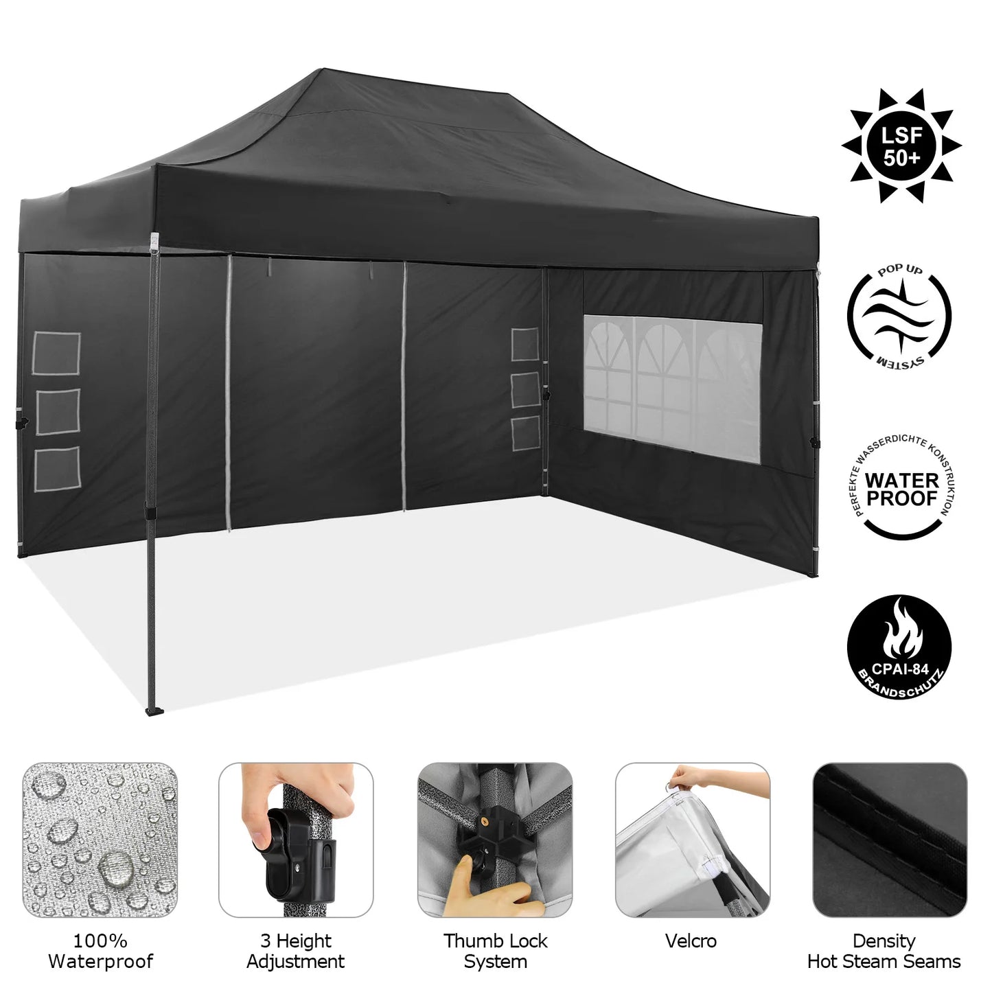 Paviljoen - Tuinpaviljoen - Partytent - Tuintent - Pop-up Kliksysteem - Stabiel - Vouwtent - met 4 Zijwanden - Opvouwbaar - Waterdicht - Winterbestendig - 50+UV-Bescherming - voor Tuin - Buiten - Achtertuin - 3 x 4.5 m - Zwart - QUORE