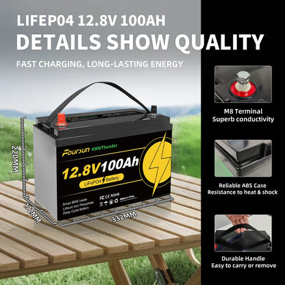 12V 100Ah LiFePO4 Batterij – Accu – Energieopslag – Solar Batterij – Camper Accu – Zonder Lader – Lichtgewicht & Langdurig (4500+ Cycles) – Ingebouwd BMS Veiligheidsysteem - QUORE