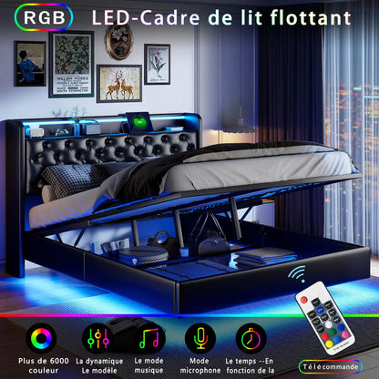 Zwevend Bed – Opbergbed – Led Bed – Bed met Hoofdbord – Slaapbed – 160x200 cm – PU Hoofdbord – RGB LED Verlichting met USB Poorten