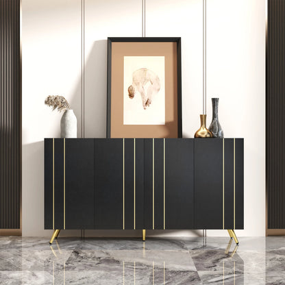 Opbergkast – Opbergmeubel – Kast Met Deuren – Bergkast – 160x38x80 Cm – Verstelbare Legplanken – Gouden Accenten - Zwart