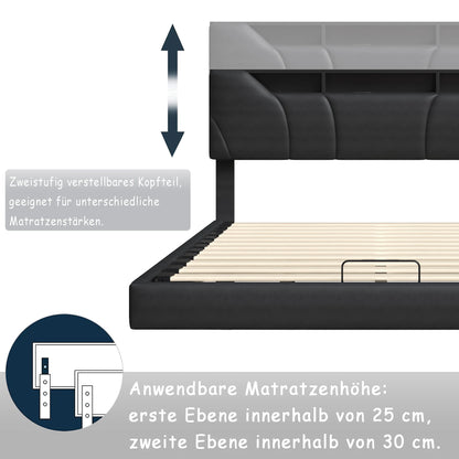 Gestoffeerd Tweepersoonsbed – Opbergbed – Led Bed – Hydraulisch Bed – Bed 140x200 cm – Zwart PU-leer – Verstelbaar Hoofdbord Met USB-poort – Ruime Hydraulische Opbergruimte