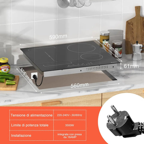 Inductie kookplaat - Induction Hob - Induction Cook Top - Inductie Fornuis - Elektrische Brander - 4-pits - Inductiekookplaat - 60 cm - 3500 W - Flexzone - Plug-in kookplaat - 9 vermogen - Booster - Timer - 220 V - Zwart