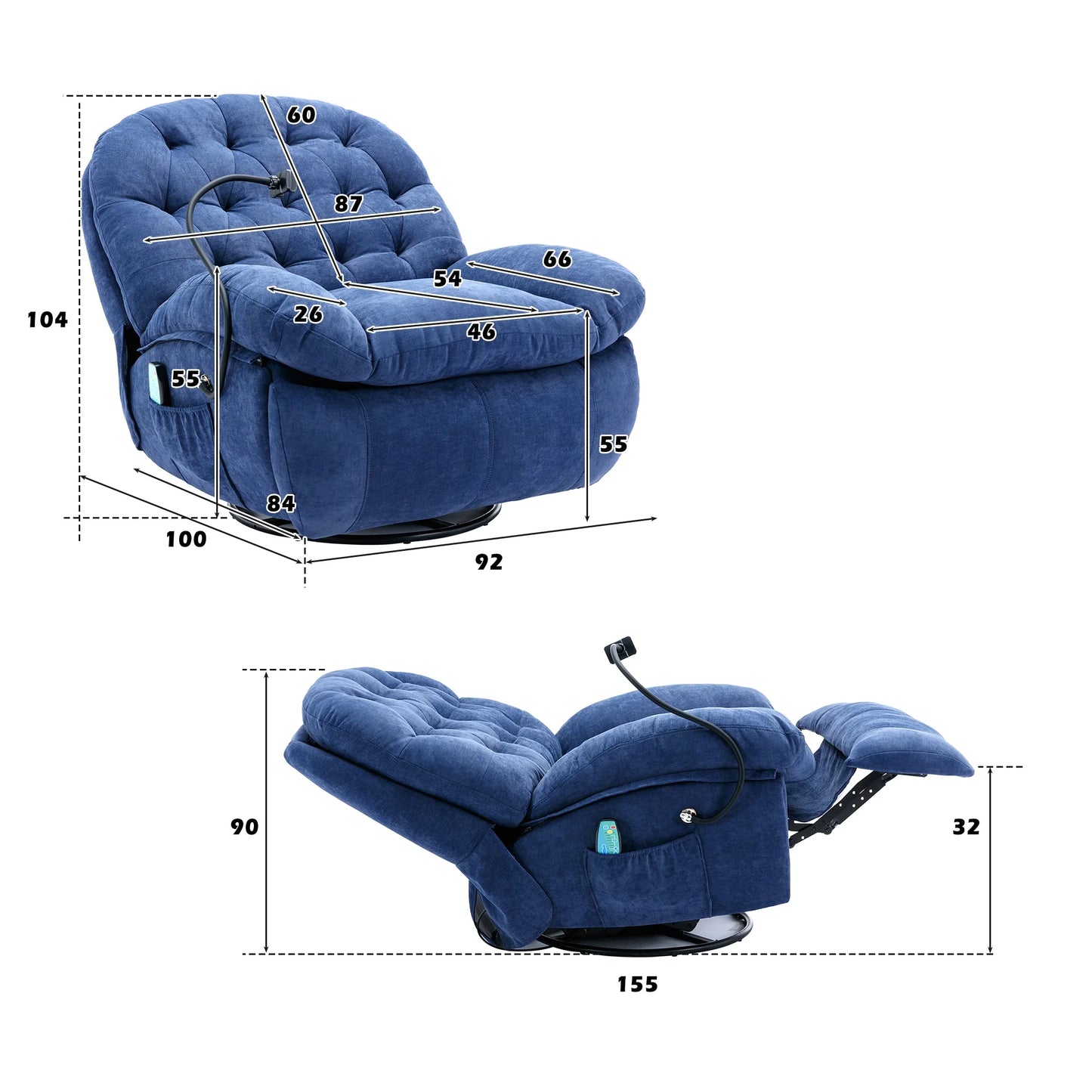 Draaifauteuil – Massagefauteuil – Relaxstoel – Comfortstoel – 360 Graden Draaibaar – Massage Op Rug En Benen – Warmtefunctie - Blauw
