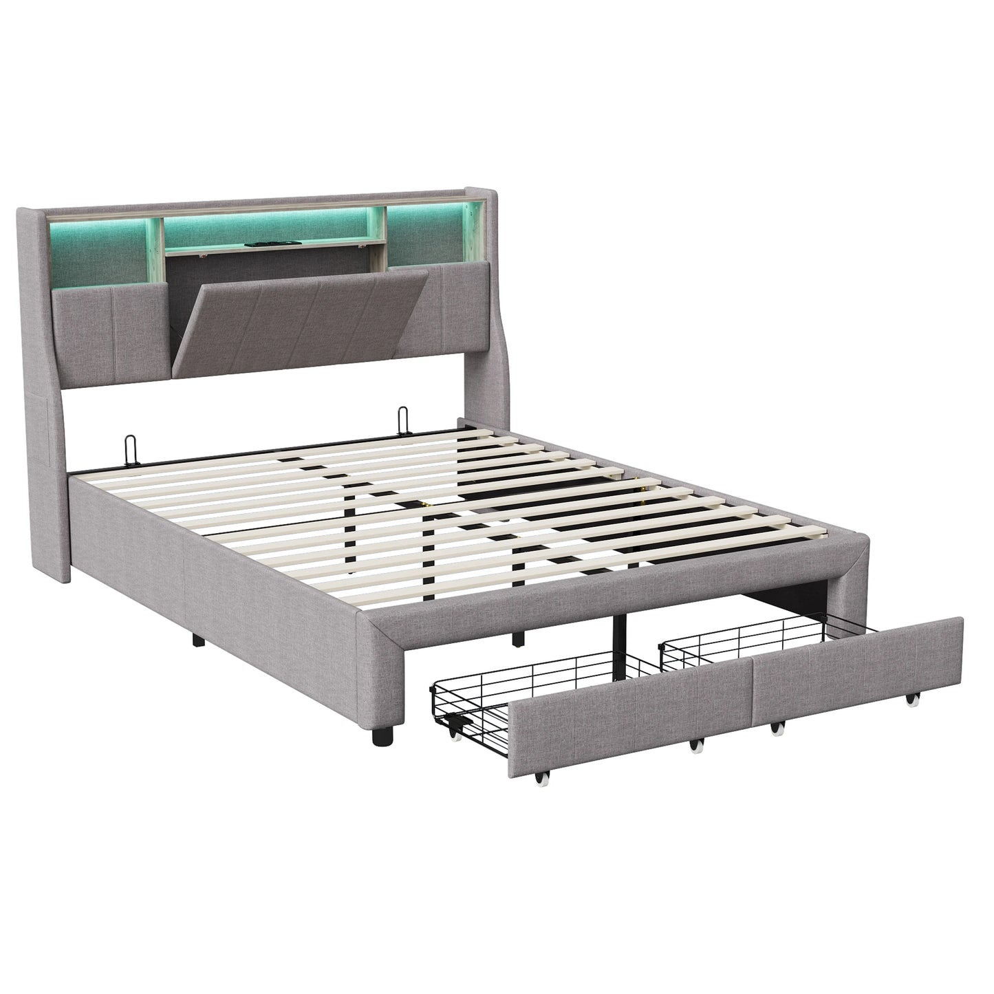 Rosahqnda LED Upholstery bed Double Bed with 2 Drawers USB Storage Headboard Youth bed with Storage Linen