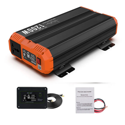 Pure Sinus Omvormer – 24V Naar 220V Omvormer – Zuivere Sinusgolf – Batterij Omvormer – Off-Grid Omvormer – 1200W Continu Vermogen – 3 Meter Afstandsbediening