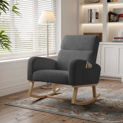 Schommelstoel – Relaxstoel – Fauteuil – Voedingsstoel – Loungestoel – Lichtgrijs – Teddy Velvet Bekleding – Extra Dikke Zitkussen 14 cm
