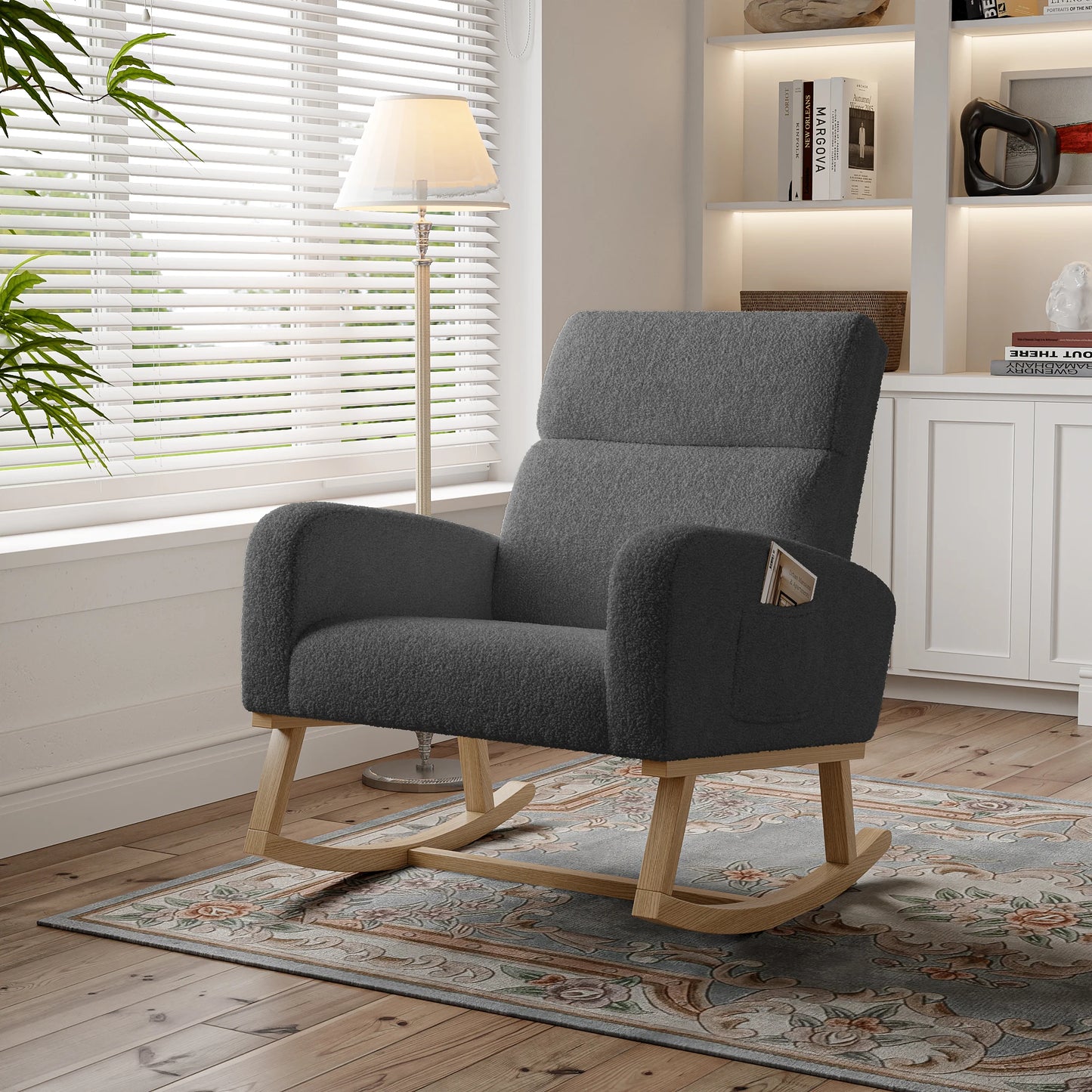 Schommelstoel – Schommelstoel Met Kussen – Relaxstoel – Lounge Stoel – Teddy Velvet Stoel Donkergrijs – Stevige Houten Poten – Comfortabel 5,5 Cm Dik Kussen
