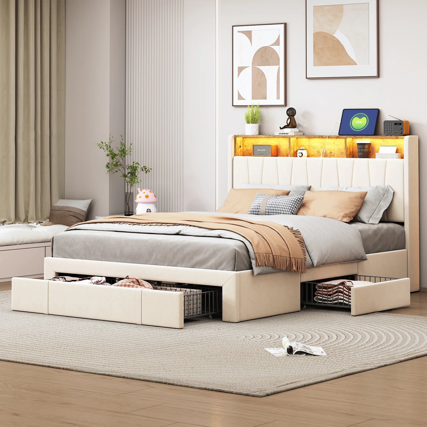 Bedombouw – Gestoffeerd Bed – Tweepersoonsbed – Opbergbed – Ledikant – 160x200 cm – Met LED-verlichting en USB Type-C Poorten