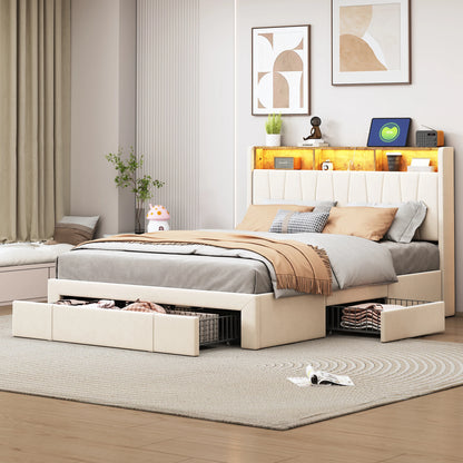 Bedombouw – Gestoffeerd Bed – Tweepersoonsbed – Opbergbed – Ledikant – 160x200 cm – Met LED-verlichting en USB Type-C Poorten