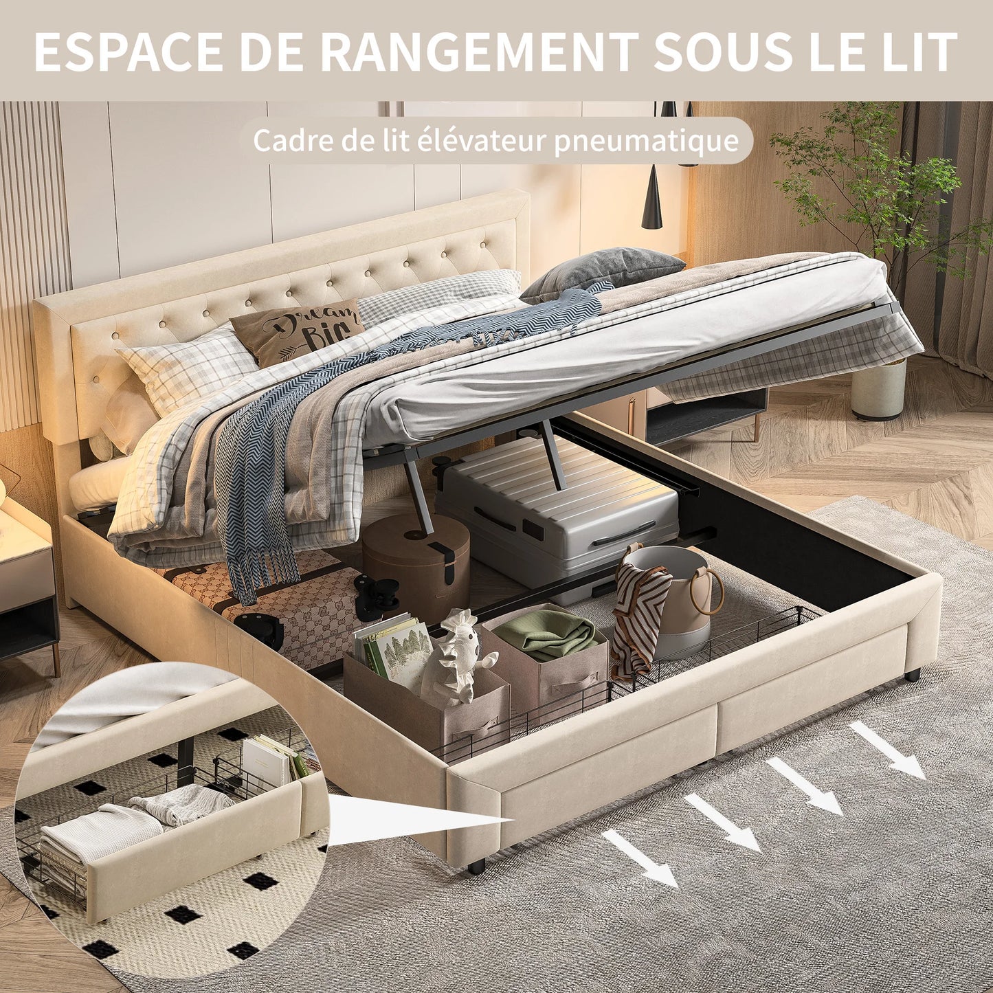 Opbergbed – Gestoffeerd Bed – Boxspringbed – Ladebed – Tweepersoonsbed – Beige 160 × 200 cm – Velours Bekleding – Ruime Opberglades met Wieltjes