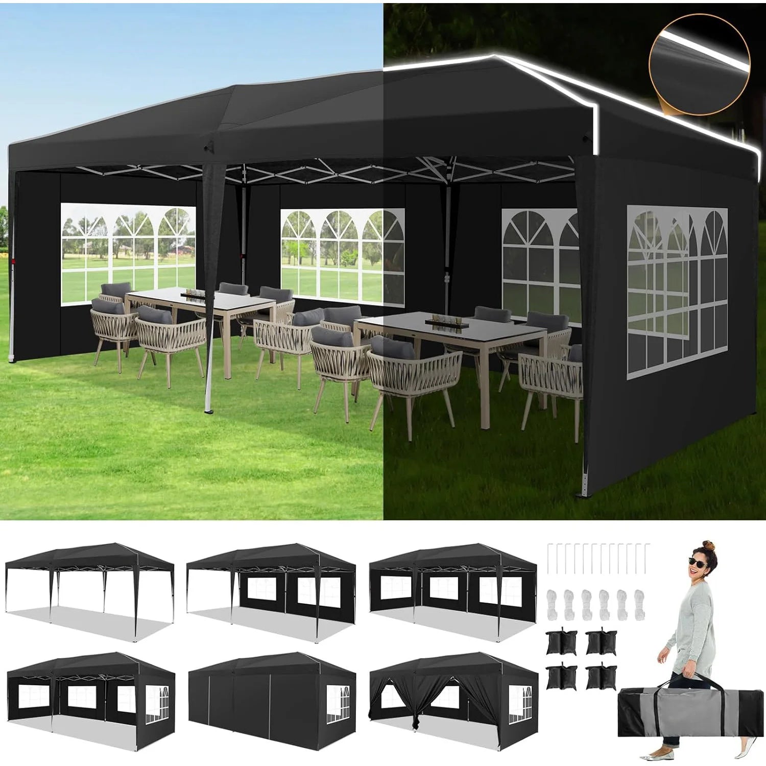 Pop-Up Partytent – Partytent – Evenemententent – Tuinentent – Markttent – Waterdicht Oxford Doek – Stevig Stalen Frame - Khaki - QUORE