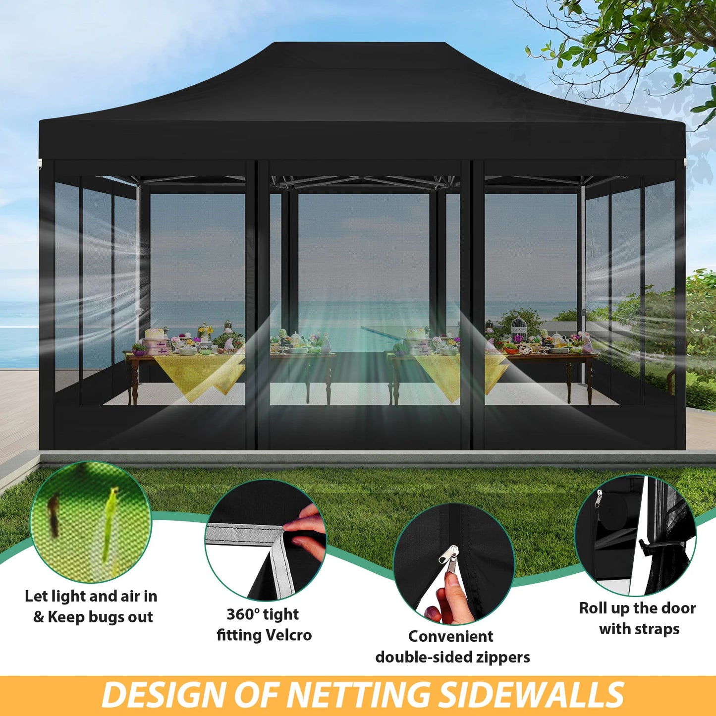 Tuinpaviljoen – Tuinhuisje – Pop-Up Tent – Buitenverblijf – Luifel – Waterdicht Frame – Verstelbare Hoogte - Zwart