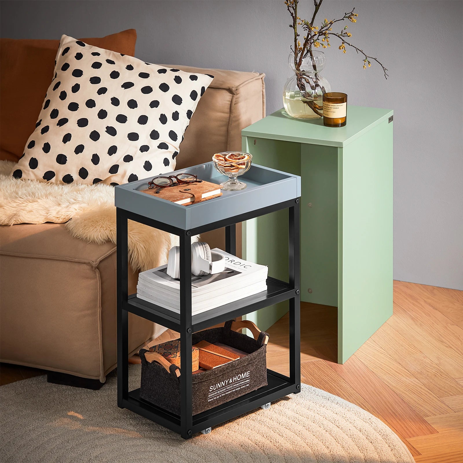 Bijzettafel set – Bijzettafel – Koffietafel – Laptoptafel – Nachtkastje – Groen – Compact en Stapelbaar – MDF Blad met Zwart Metalen Frame - QUORE