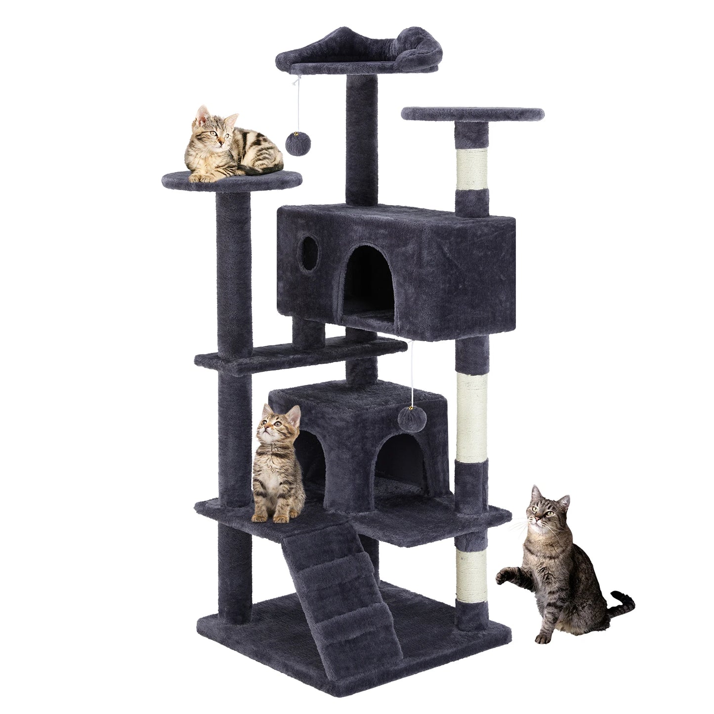 Krabpaal - voor Katten - Krabton - Hoge Kattenboom – 54inch - Multi-Level Krabpaal - Stabiele Kattenboom - Zacht en Knus - met Sisal en Huisjes - Donkergrijs