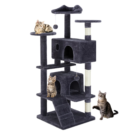Krabpaal - voor Katten - Krabton - Hoge Kattenboom – 54inch - Multi-Level Krabpaal - Stabiele Kattenboom - Zacht en Knus - met Sisal en Huisjes - Donkergrijs