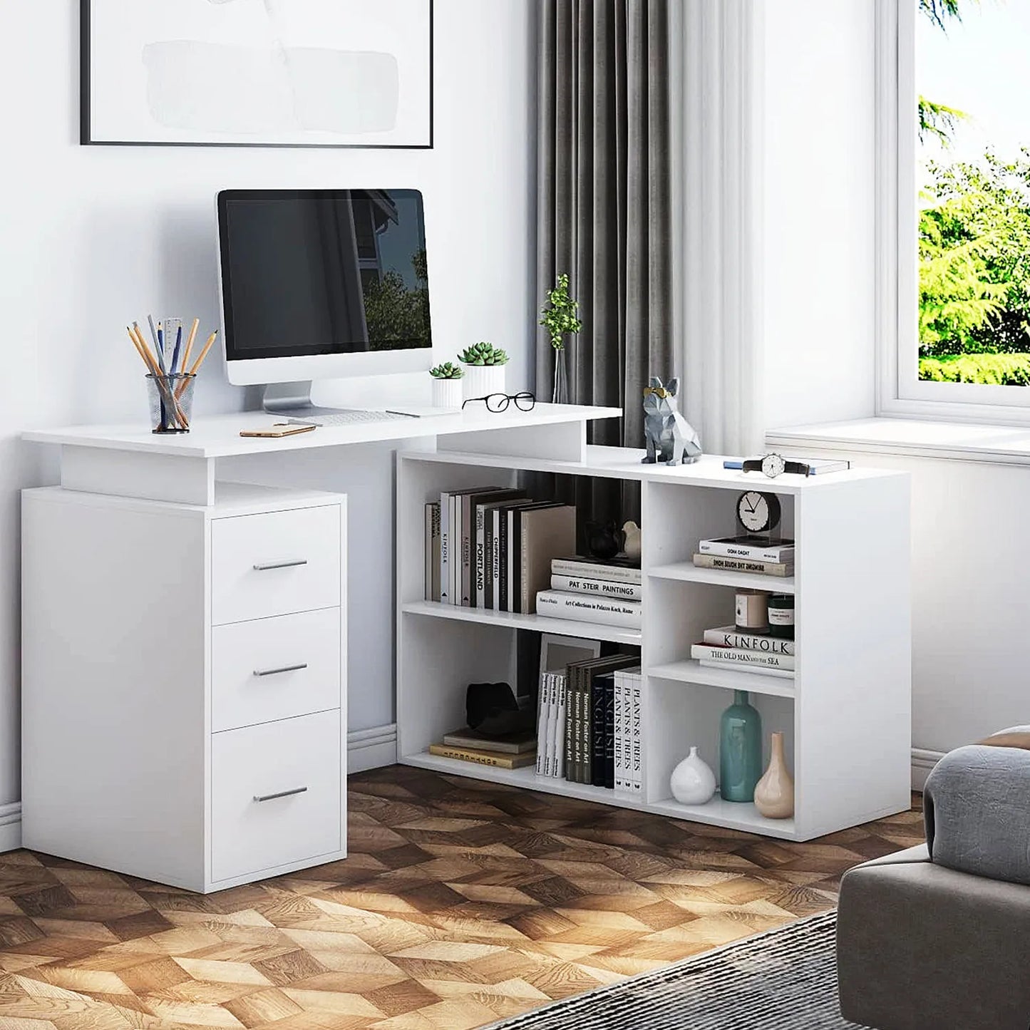 Hoekbureau – L-vormig Bureau – Werkplek Bureau – Studiebureau – Kantoormeubel – Wit – Verstelbare Planken – 3 Opberglades – 129x104 cm