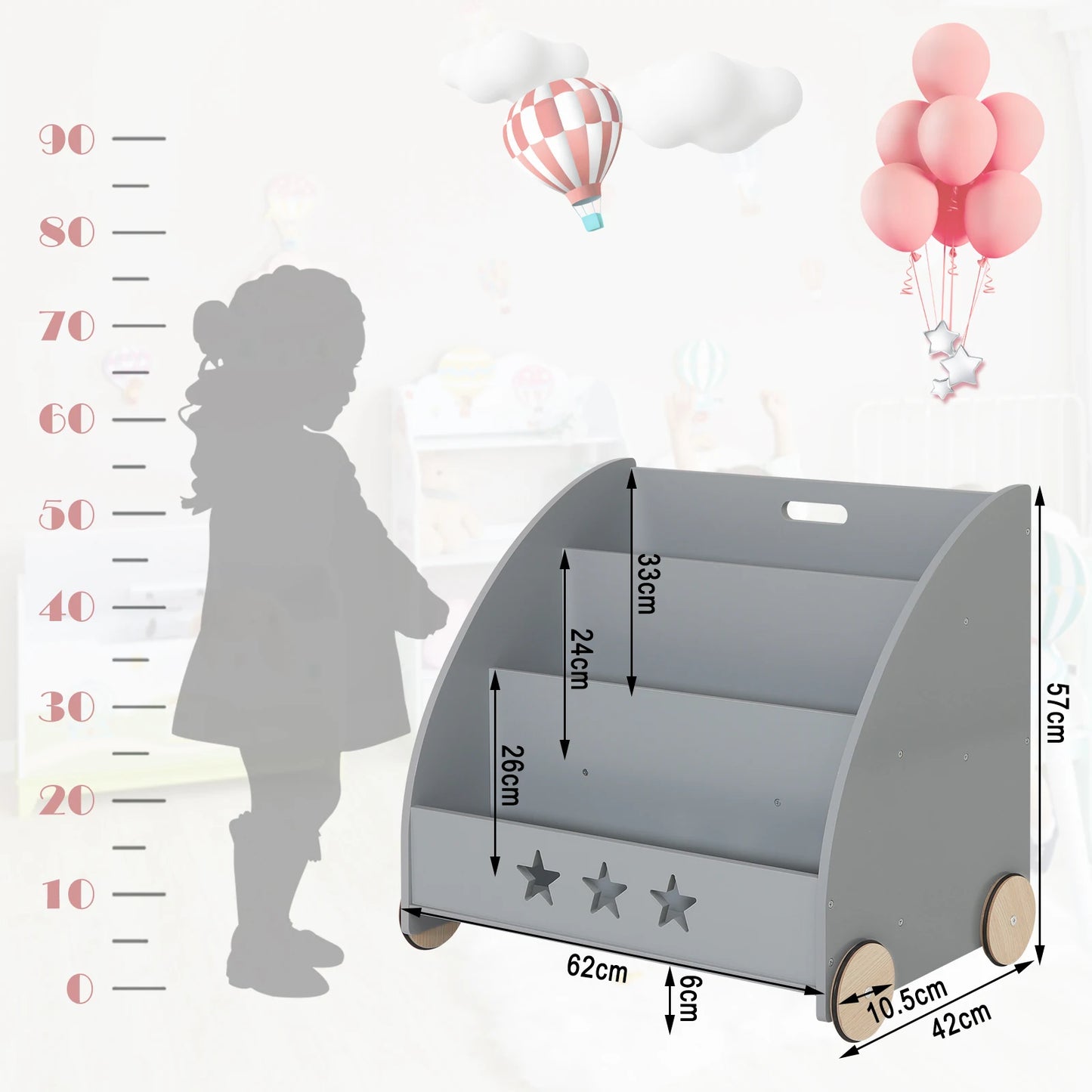 Kinderboekenkast - Boekenkast - Kinderkast - Boekenrek - met Wielen - Opbergkast met 3 Planken – Multifunctionele Organizer voor Kinderkamers - Wit