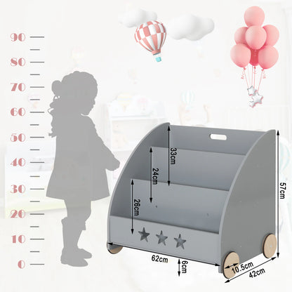 Kinderboekenkast - Boekenkast - Kinderkast - Boekenrek - met Wielen - Opbergkast met 3 Planken – Multifunctionele Organizer voor Kinderkamers - Wit
