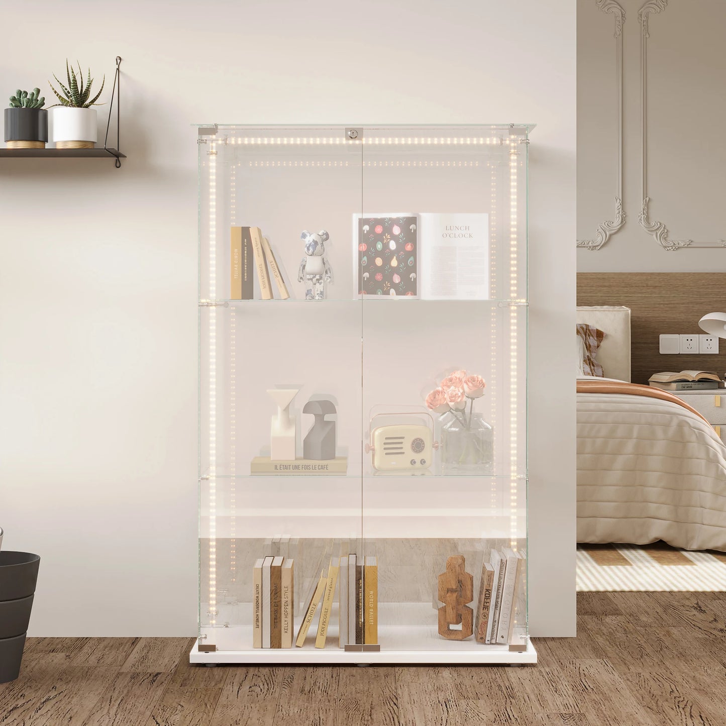 Vitrinekast – Glasvitrine – Displaykast – Showkast – Opbergkast – 360 Graden Zichtbaarheid – Ingebouwde LED-Verlichting – Wit – 3 Planken – Dubbele Deuren