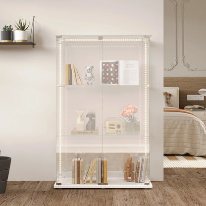 Vitrinekast – Glasvitrine – Displaykast – Showkast – Opbergkast – 360 Graden Zichtbaarheid – Ingebouwde LED-Verlichting – Wit – 3 Planken – Dubbele Deuren