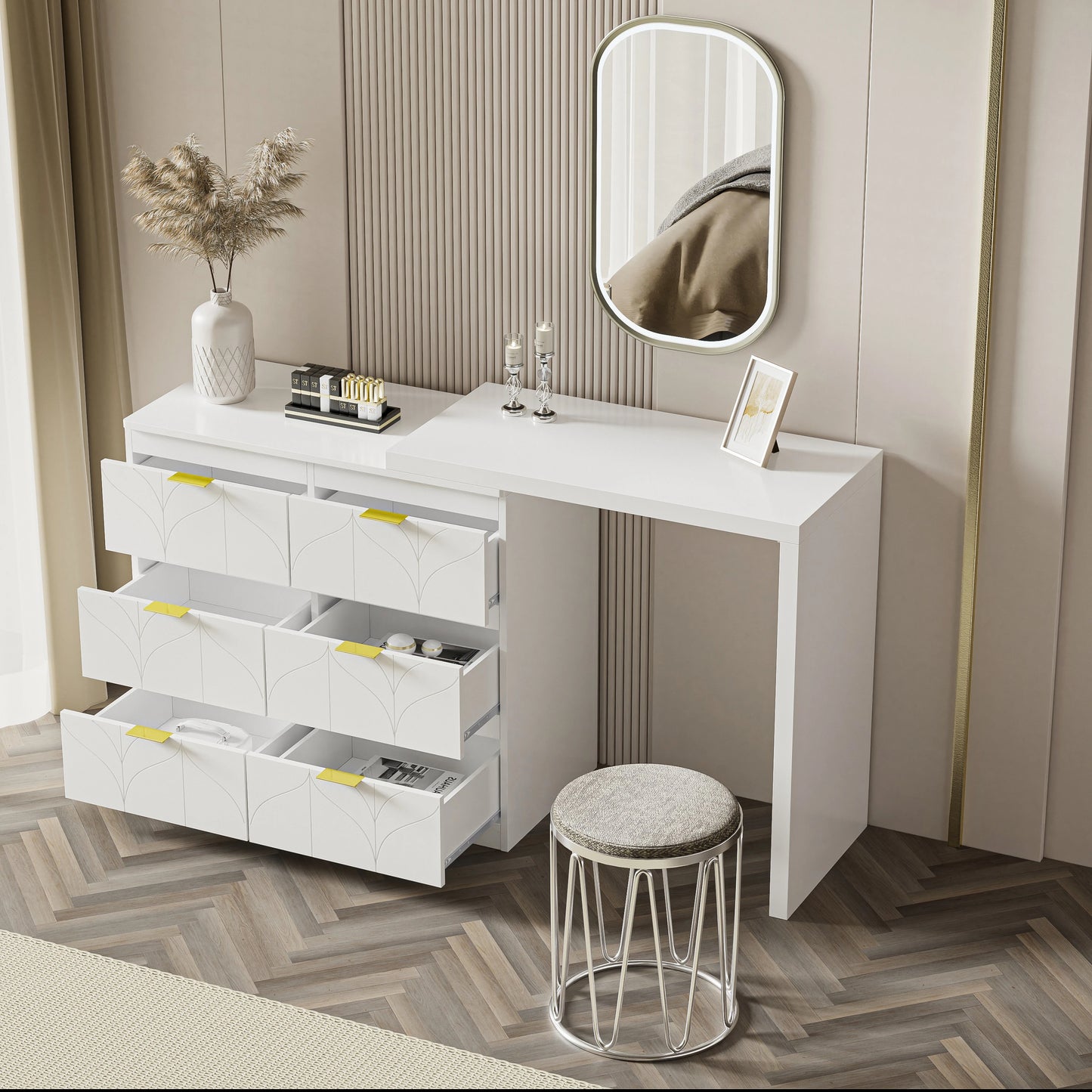 Dressing Table – Kaptafel – Make-up Tafel – Opbergmeubel – Bureau – Wit Met Gouden Handgrepen – 6 Lades – Draaibaar Tafelblad 180°